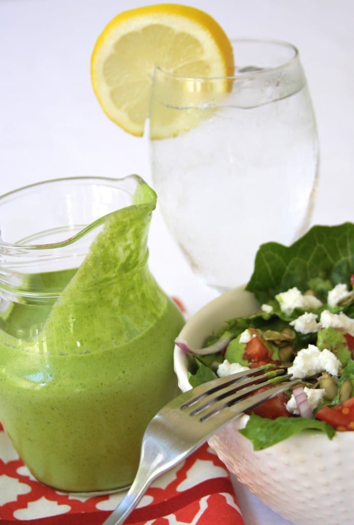 Cilantro Lime Salad Dressing recipe- flavors of cilantro and lime. This tastes so good drizzled on salads and sprinkled with peppitas. Little ones will gobble up their veggies when dipped into this dressing. 