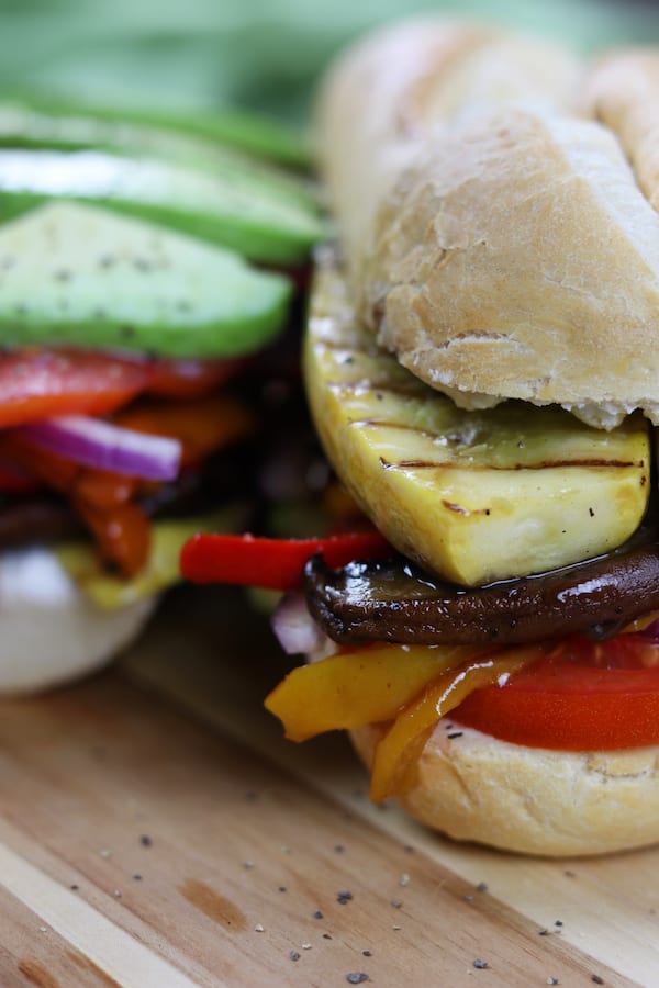 Grilled Veggie Sandwich is a guilt free, vegetarian way to enjoy the traditional sub. Grilling makes for deliciously smoky vegetables layered with zesty hummus and creamy goat cheese. A sandwich both vegetarians and non-vegetarians love.