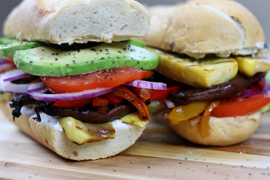 Grilled Veggie Sandwich is a guilt free, vegetarian way to enjoy the traditional sub. Grilling makes for deliciously smoky vegetables layered with zesty hummus and creamy goat cheese. A sandwich both vegetarians and non-vegetarians love. 