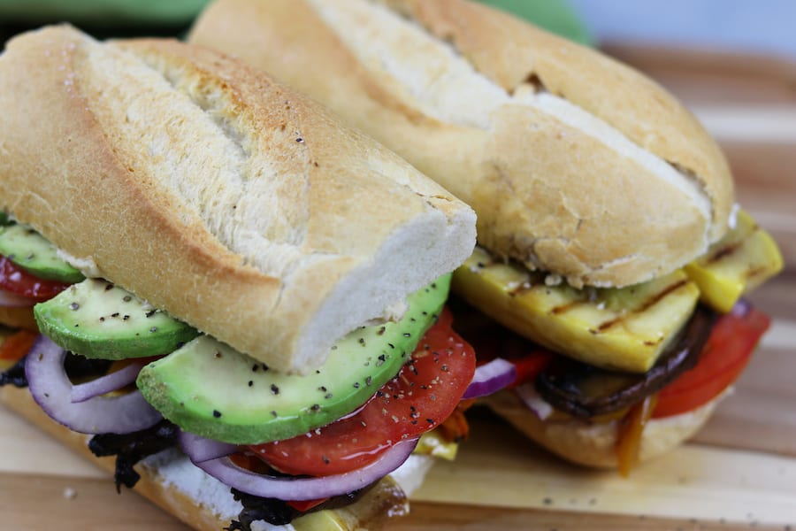 Grilled Veggie Sandwich is a guilt free, vegetarian way to enjoy the traditional sub. Grilling makes for deliciously smoky vegetables layered with zesty hummus and creamy goat cheese. A sandwich both vegetarians and non-vegetarians love.