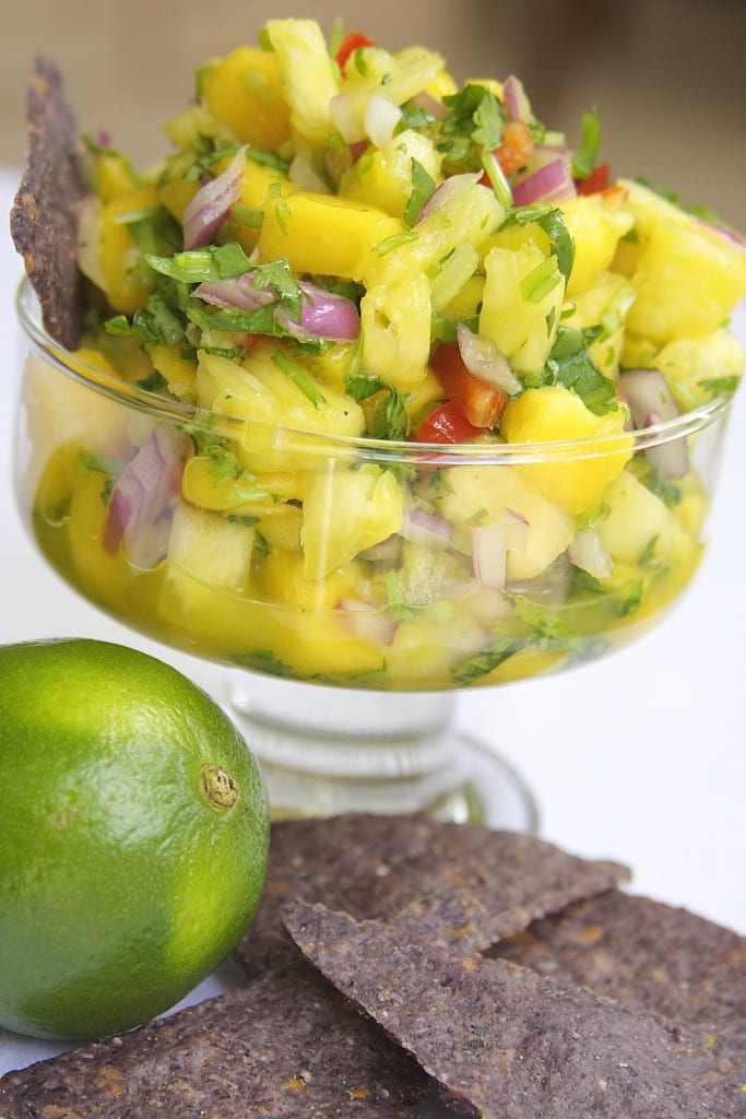 Fresh Mango Pineapple Salsa recipe has perfect balance of sweet to spice. Tutorials on cutting mango and pineapple.