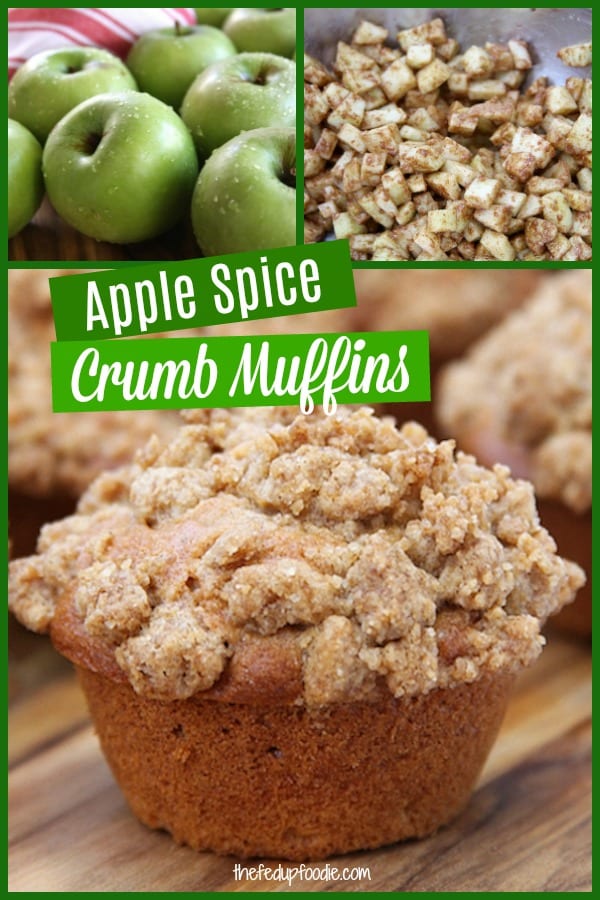 Apple Spice Muffins with crumb topping is one of the best treats on a Fall morning. These muffins are made with cinnamon, cloves, nutmeg and fresh apples. #AppleSpice #AppleMuffins #AppleMuffinsWithCrumbTopping #FreshAppleMuffins https://www.thefedupfoodie.com