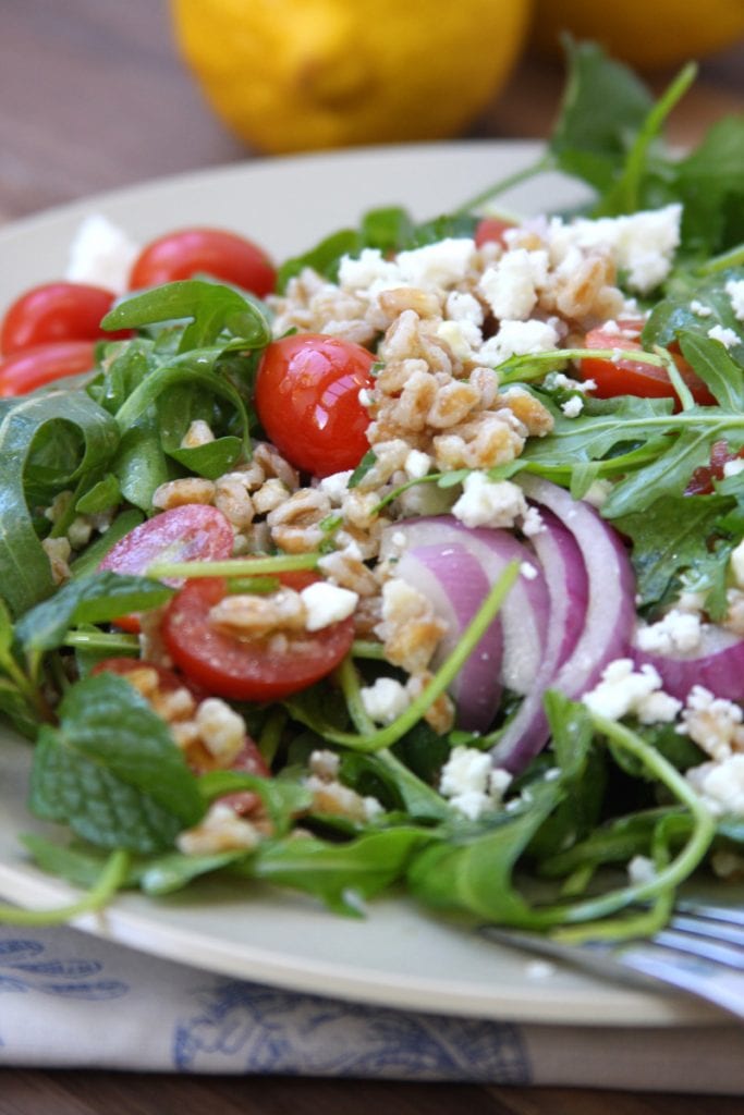 Rocket Your Mind Salad recipe. Has the nuttiness of farro, the snappiness of arugula, the freshness of cilantro and the coolness of mint all with a tangy lemon vinaigrette. This taste combination will blow your mind.