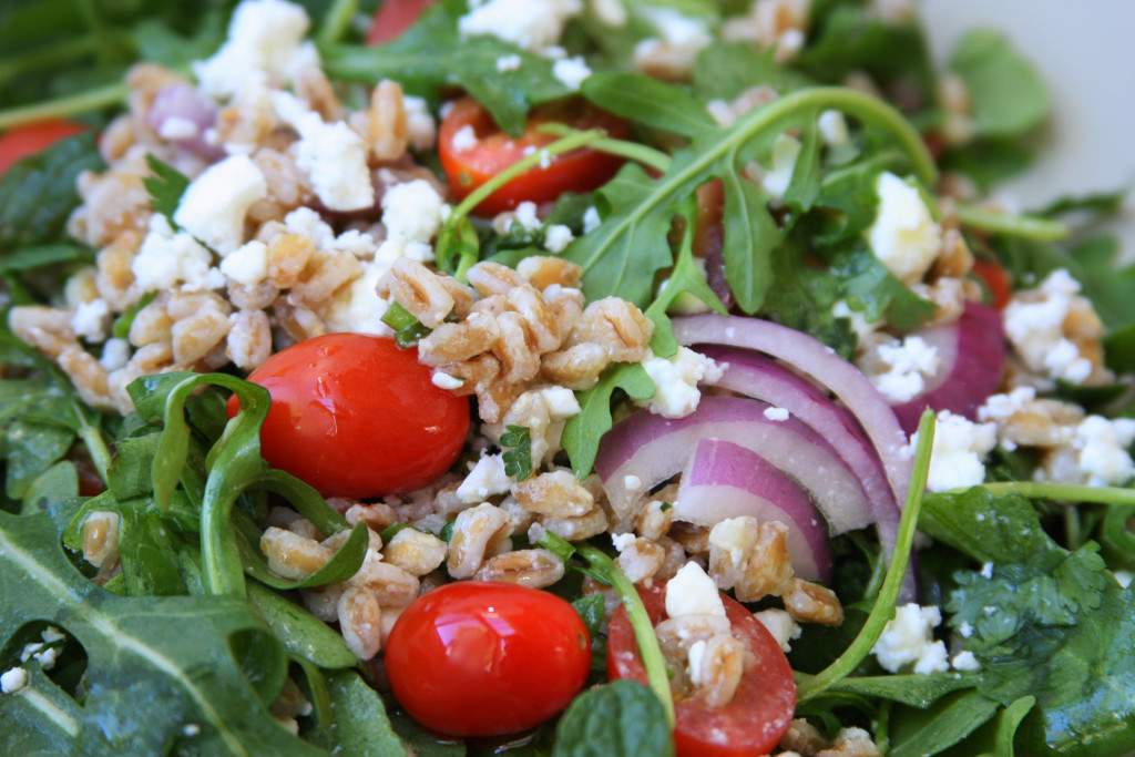 Rocket Your Mind Salad 1 recipe. Has the nuttiness of farro, the snappiness of arugula, the freshness of cilantro and the coolness of mint all with a tangy lemon vinaigrette. This taste combination will blow your mind.