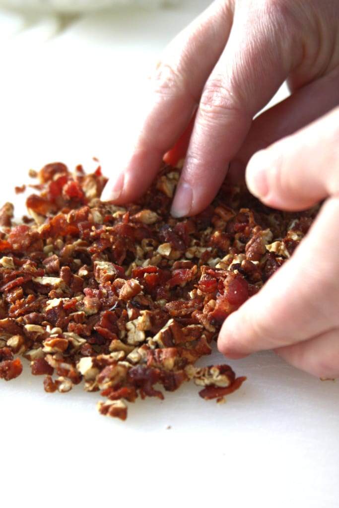 Mixing of pecans and bacon for Festive Cheese Ball