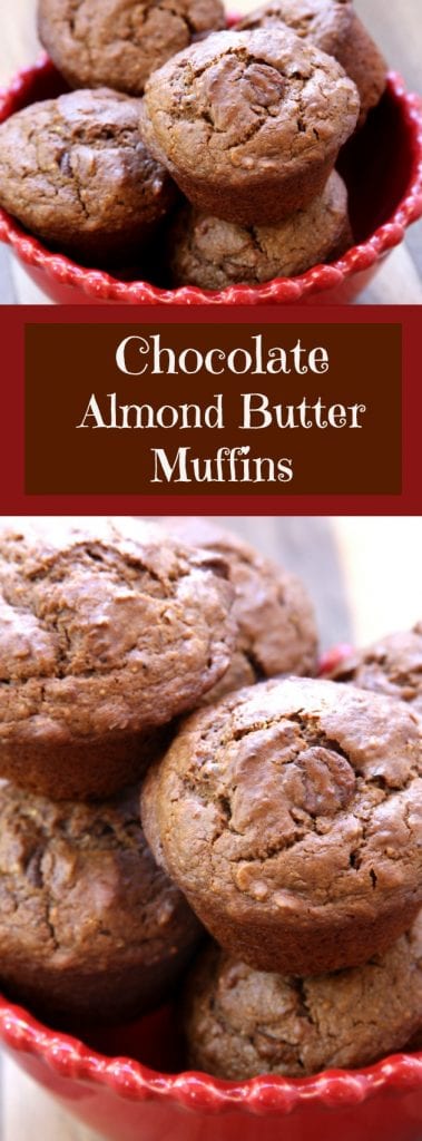 Chocolate Almond Butter Muffins recipe creates muffins that are fluffy and chocolatey with hints of almond butter and creamy chocolate chips. Extra nutrition is packed in with oatmeal, flaxseed and wheat germ. A favorite family baked treat and one of the best healthy breakfast on the go! https://www.thefedupfoodie.com