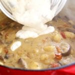 Adding tempered yogurt to Creamy Gnocchi Mushroom Soup