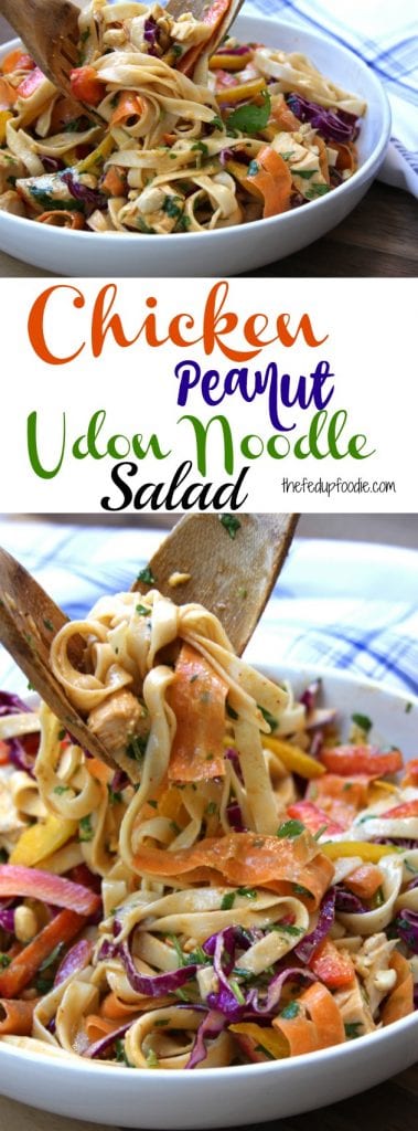 Chicken Peanut Udon Noodle Salad recipe has the smooth flavors of sesame oil and peanut butter spiced up with sriracha and lime. Add in baked chicken, cut veggies and crunchy peanuts for one of the best healthy comfort meals around. One of my favorites to pack for lunch! https://www.thefedupfoodie.com