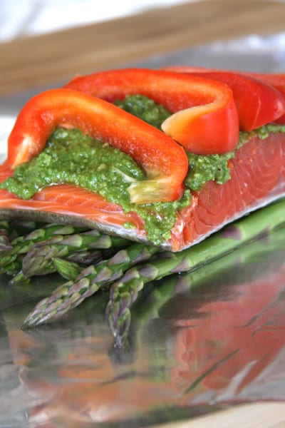 Salmon Pesto Veggie Pocket recipe- a healthy & flavorful Dinner for 2. Assembly takes minutes to do.