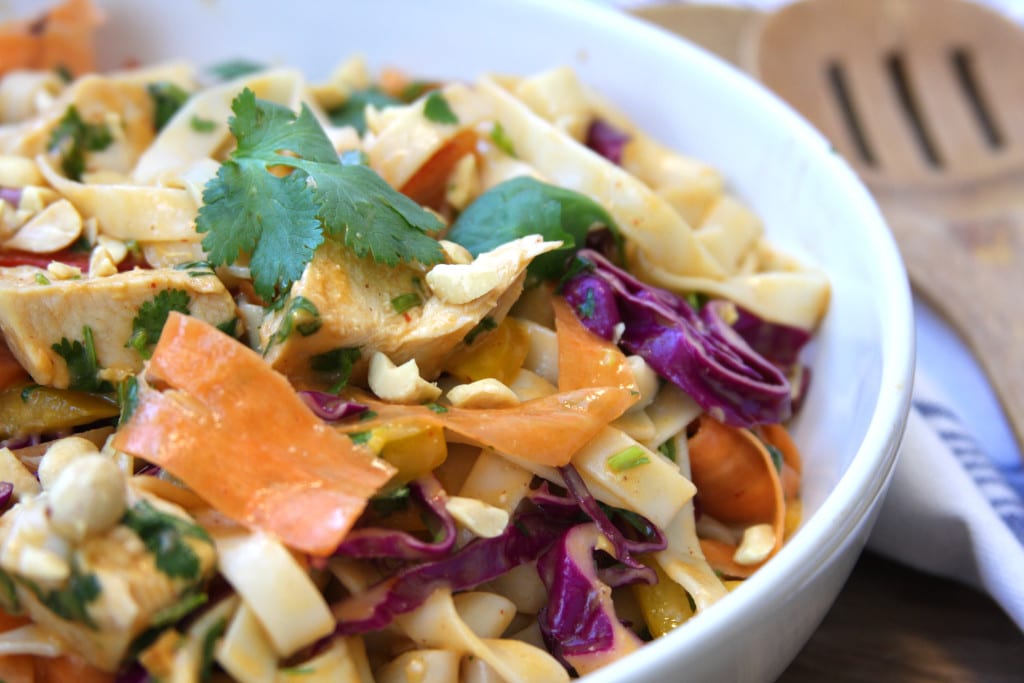 Chicken Peanut Udon Noodle Salad recipe is a cold pasta salad with flavors of sesame oil, peanut butter, sriracha and lime. Such a fun way to eat veggies in the colors of the rainbow. My husband was drooling over this dish.