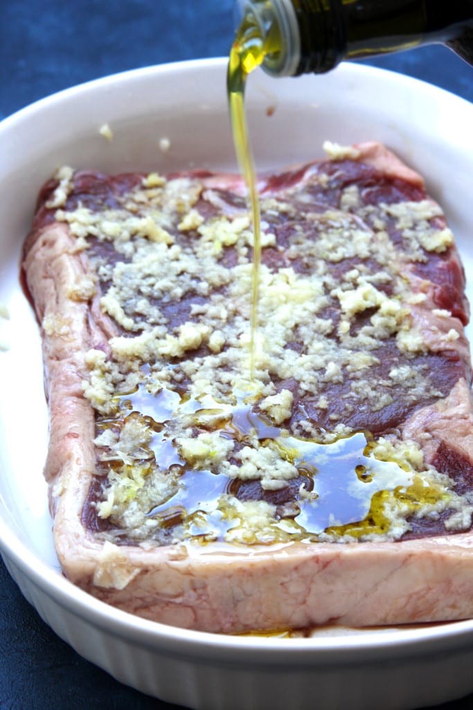 Simple garlic & olive oil marinade for Super Healthy Sweet Potato Nachos.