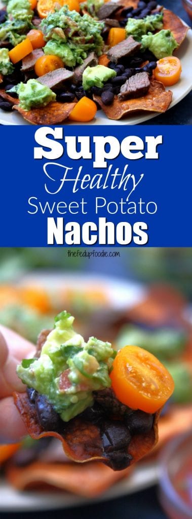 Super Healthy Sweet Potato Nachos are the health-nut's dream come true. Crispy homemade sweet potato chips, tender grass-fed steak, nutrient rich black beans and zesty guacamole will make you "super" happy without any guilt. These nachos are perfect for those following an elimination diet, Paleo diet or just needing a fun gluten free meal.