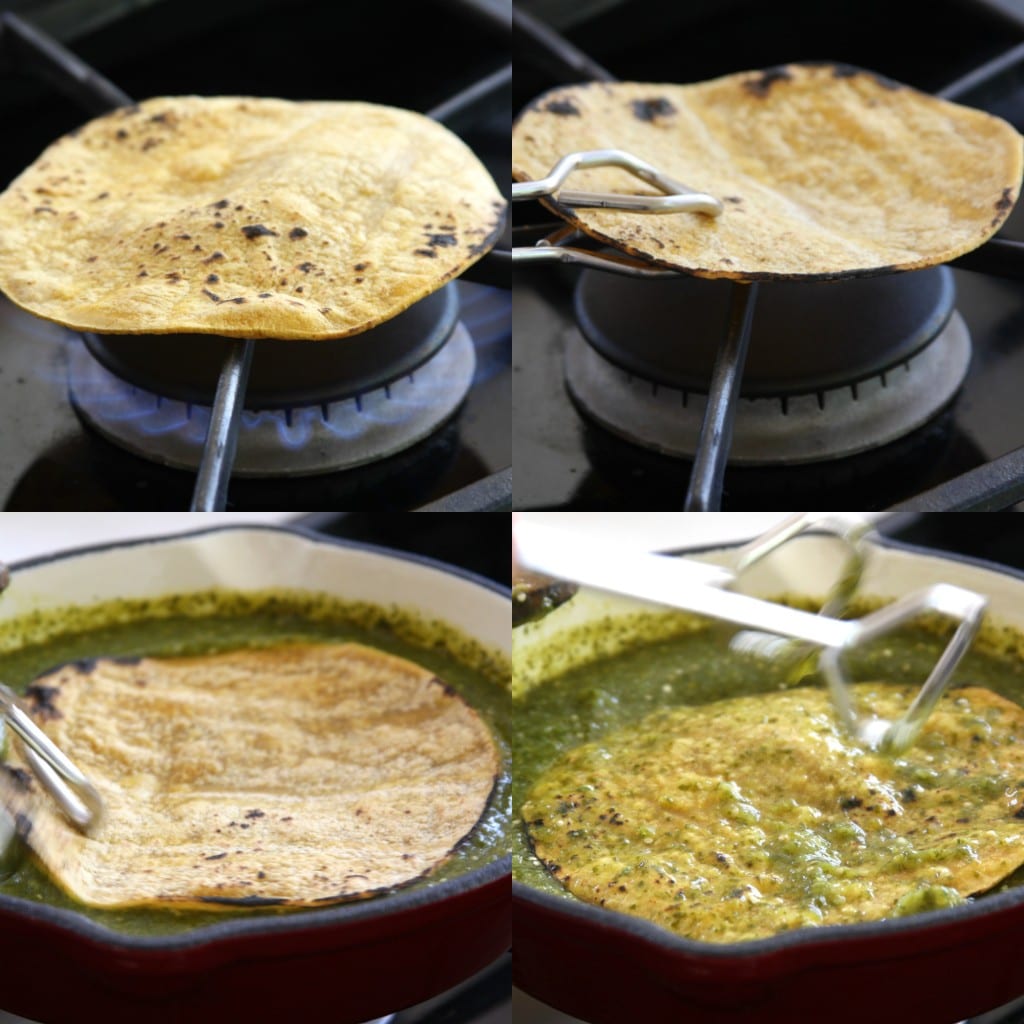 Preparing the tortillas for Lightened Up Salsa Verde Chicken Enchiladas. 