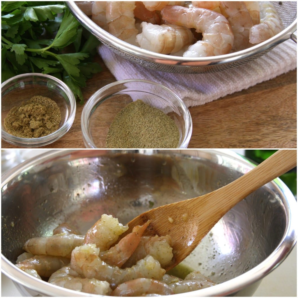 Preparing Rosemary Fennel Shrimp with dried ground herbs.