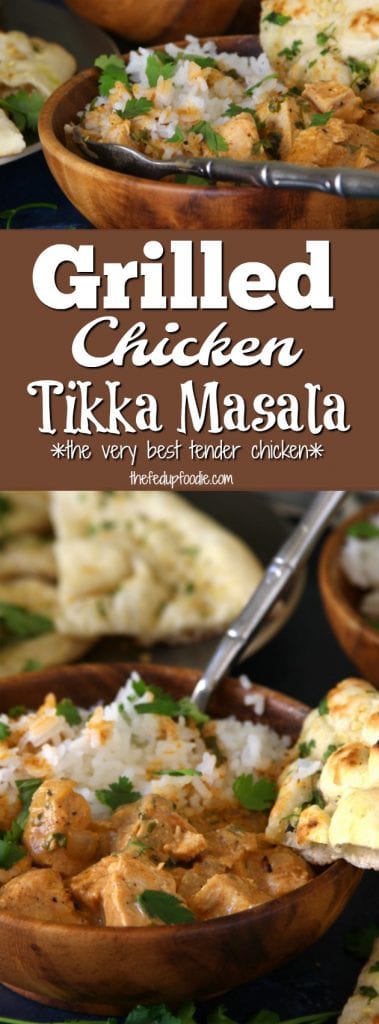 Grilled Chicken Tikka Masala is a flavor packed comfort recipe with spiced yogurt, coconut milk, tender grilled chicken, served over fluffy rice. This is an ultimate crowd pleaser and yet so simple to make. Leftovers are perfect for packed work lunches.