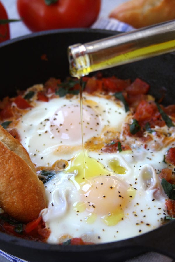 Italian Tomato and Eggs recipe has freshly sautéed tomatoes, fragrant basil and eggs cooked to your preference. Add in truffle oil or truffle salt and you will have a meal made in heaven.