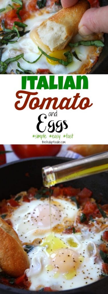 Italian Tomato and Eggs recipe is a simple and soul satisfying meal. With a 5 minute prep and just a few ingredients, it is perfect for anytime of the day. Sautéed fresh tomatoes, fragrant basil and eggs cooked to your preference are soaked up with a crusty french baguette. Drizzle with truffle oil or truffle salt and you have a meal made in heaven. https://www.thefedupfoodie.com