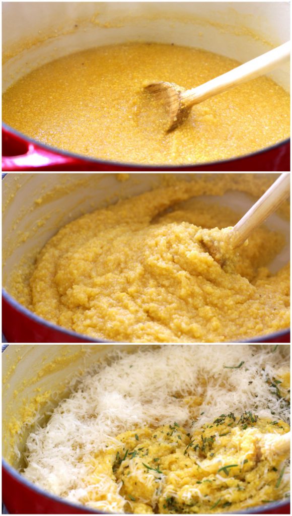 The 3 stages of polenta cooking for Rustic Italian Grilled Polenta & Vegetables.