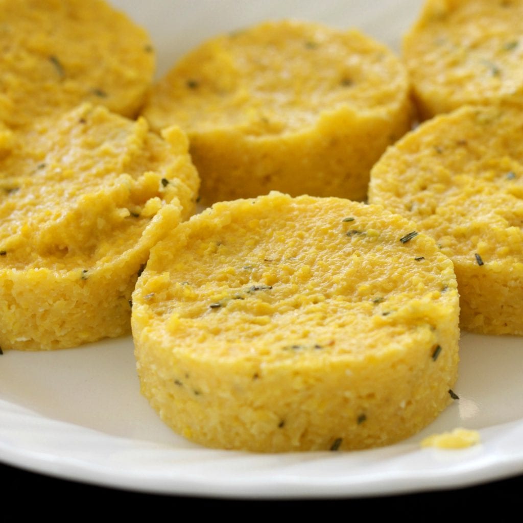 Cut polenta for Rustic Italian Grilled Polenta & Vegetables.