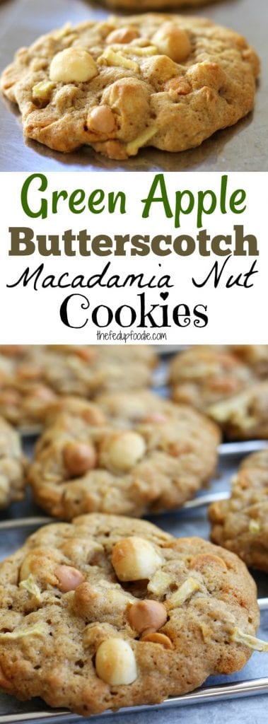Green Apple Butterscotch Macadamia Nut Cookies recipe are bound to become your family's new favorite buttery treat. Spiced with cinnamon and chucks of apple this recipe is the best way to celebrate apple season! https://www.thefedupfoodie.com