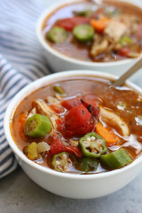 Mom's Chicken Gumbo Soup recipe is a hearty and heart warming meal that fights off winter colds and flues. Made with okra, chunky chicken and rice. This soup brings back sweet memories of childhood.