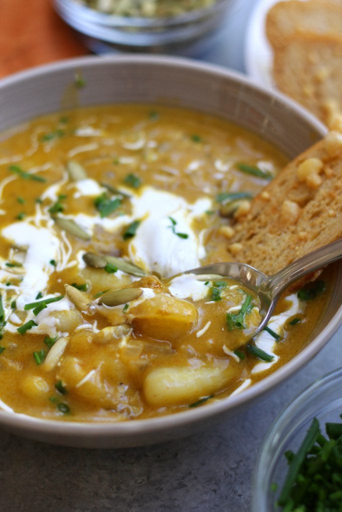 Pumpkin Gnocchi Soup recipe is bound to become a Fall favorite. It's savory and comforting with flavors of cinnamon, nutmeg and chipotle. This made a pumpkin lover out of me.