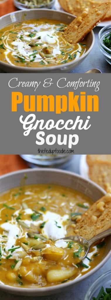 Pumpkin Gnocchi Soup recipe is an easy, creamy and comforting Fall meal. Comes together in 30 minutes. Thick & satisfying, this will become your family's new favorite soup! https://www.thefedupfoodie.com