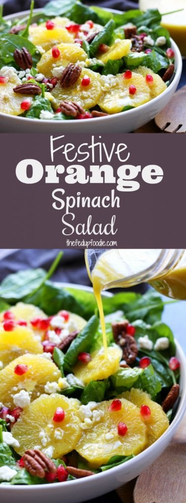 Delicious, simple and bright, this Festive Orange Spinach Salad is a wonderful companion to any Holiday feast or as a meal on its own. Comes together in minutes! Add chicken for an easy & refreshing meal anytime during the year. https://www.thefedupfoodie.com