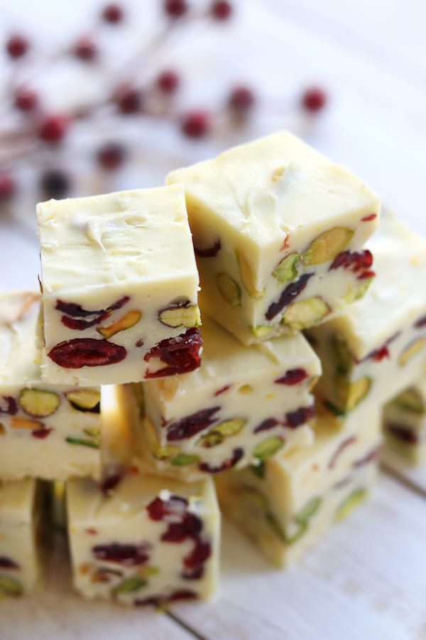 White Chocolate Fudge with Cranberries, Pistachios and orange flavors.
