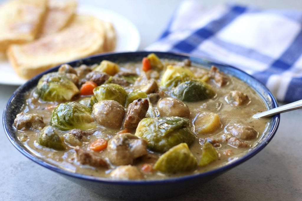 Beef and Brussels Sprouts Stew is a hearty and healthy winter meal. High in fiber, low on the glycemic index and gluten-free, this recipe is perfect for the diabetic to the winter weight watcher but tastes so good everyone will gobble it up.