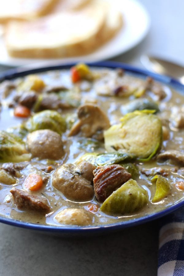 Beef and Brussels Sprouts Stew is a hearty and healthy winter meal. High in fiber and low on the glycemic index, this recipe is perfect for the diabetic to the winter weight watcher but tastes so good everyone gobble it up.