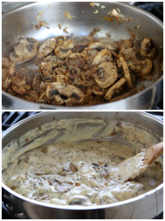 Cooking of mushrooms and roux for Creamy Dreamy Scallop Potatoes. 