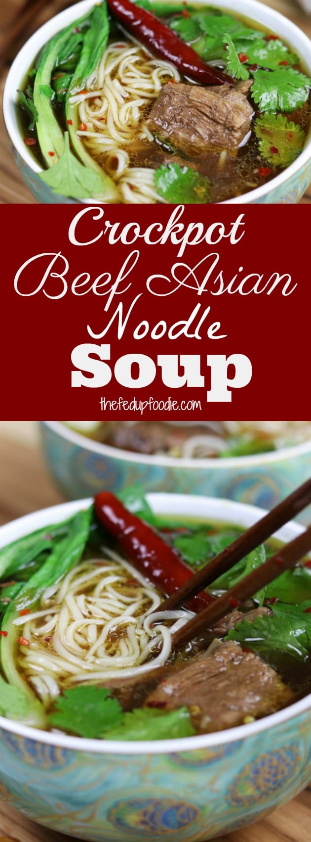 Crockpot Beef Asian Noodle Soup is like the best of all Asian soups. Easy steps for preparation with loads of flavor. One of my favorites! https://www.thefedupfoodie.com/beef-asian-noodle-soup/