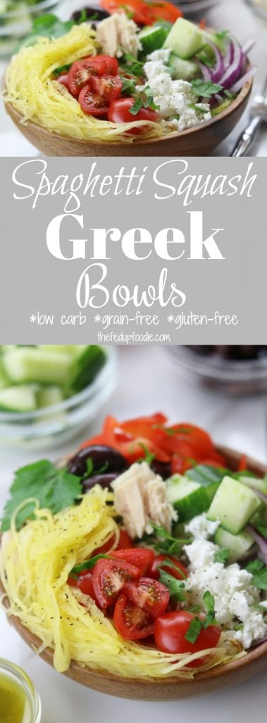 Spaghetti Squash Greek Bowls are an easy low-carb meal perfect for summer. Mix and match your favorite Greek toppings and drizzle on the popular dressing. You will love these!