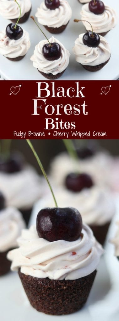 A fudgy bite of brownie topped with cool creamy cherry whipped cream makes these Black Forest Bites a favorite among cherry and chocolate lovers. Incredibly easy to make with just a few ingredients to mix together. These were the hit of the dinner party!