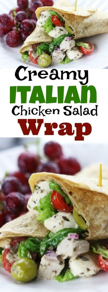 Creamy Italain Chicken Salad Wrap recipe is an easy and delicious meal. A whole wheat tortilla holds baked chicken, mozzarella cheese, veggies and a homemade creamy Italian dressing. Always a favorite as a make ahead lunch! https://www.thefedupfoodie.com