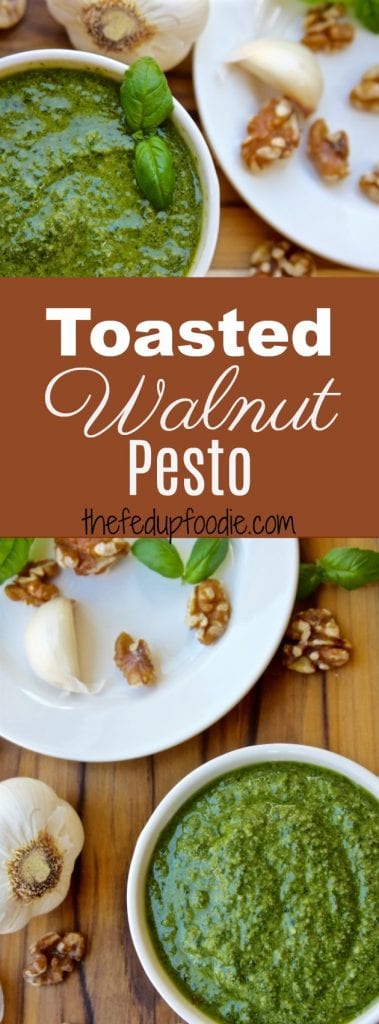 Toasted Walnut Pesto recipe is a classic sauce with a toasted nutty twist. Makes the best pastas, sandwiches and is an all around great boost to all kinds of summer meals. Incredibly simple to make. This version is a family's favorite! https://www.thefedupfoodie.com