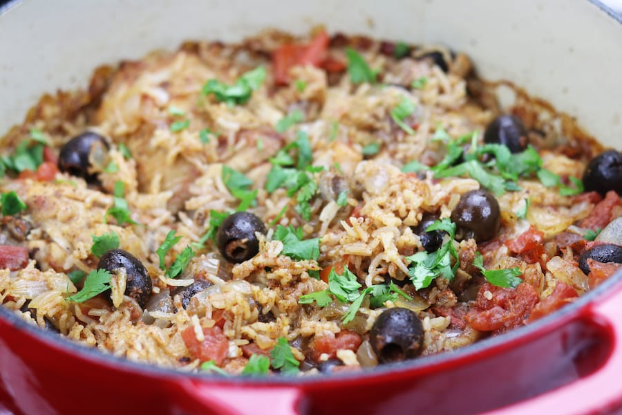 This One Pot Spanish Chicken and Rice recipe is a simple, comforting meal bursting with flavor. An easy 15 minutes to prep and then pop in the oven to bake, this has become one of my favorite go to recipes that even children love. 
