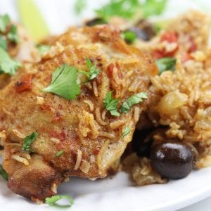 One Pot Spanish Chicken and Rice recipe is a simple, comforting meal bursting with flavor. An easy 15 minutes to prep and then pop in the oven to bake, this has become one of my favorite go to recipes that even children love.