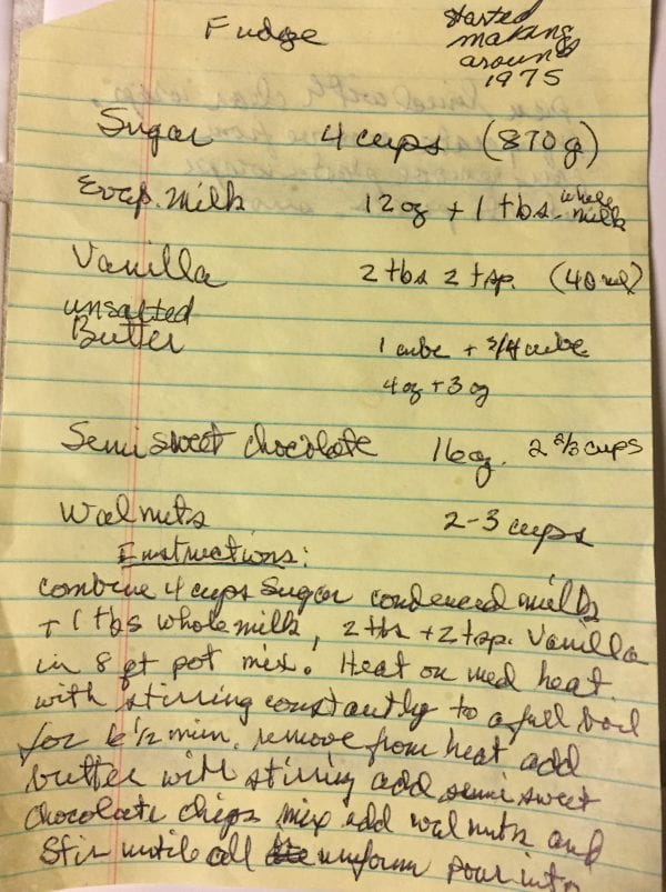 Old Fashioned Homemade Fudge handwritten recipe page 1