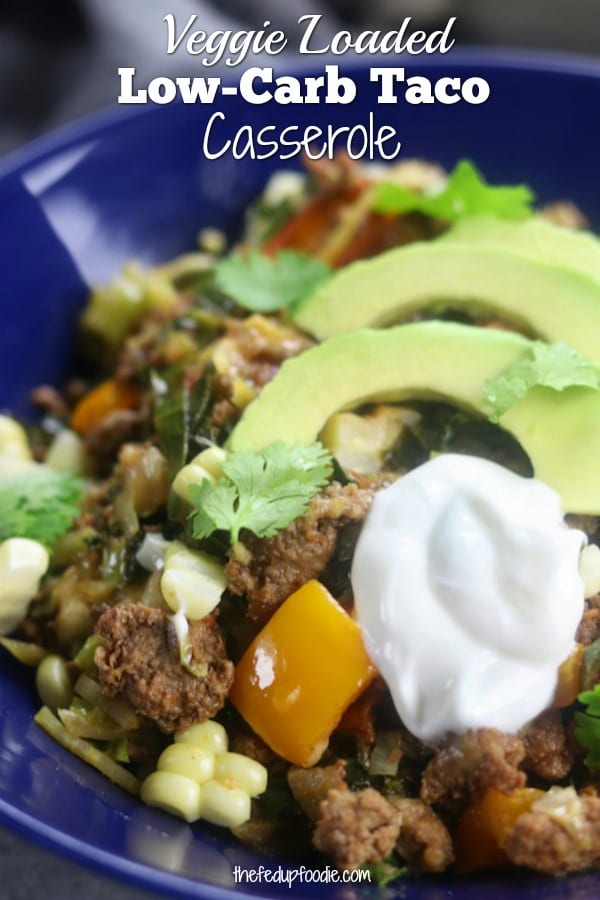 Quick and healthy, this Veggie Loaded Low-Carb Taco Casserole is a delicious way to enjoy the flavors of Mexican food without the guilt. Perfect as an easy weeknight dinner. #LowCarbRecipes #WeightLossDinner https://www.thefedupfoodie.com