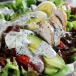 Up close photo of Avocado Chicken Salad with Homemade Ranch Dressing.
