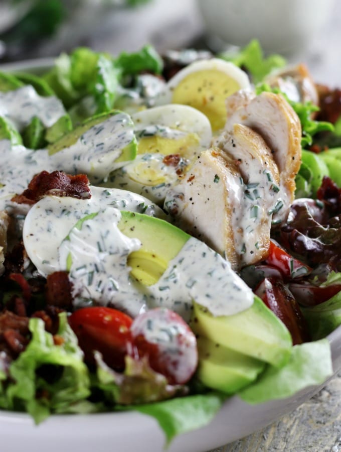 Up close photo of Avocado Chicken Salad with Homemade Ranch Dressing.