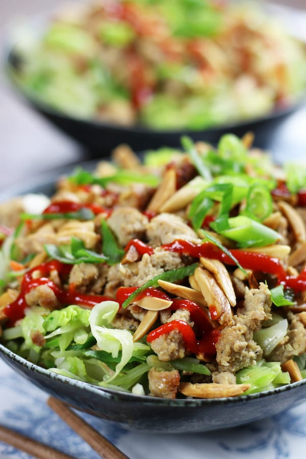 Egg Roll In A Bowl Recipe sitting on table.