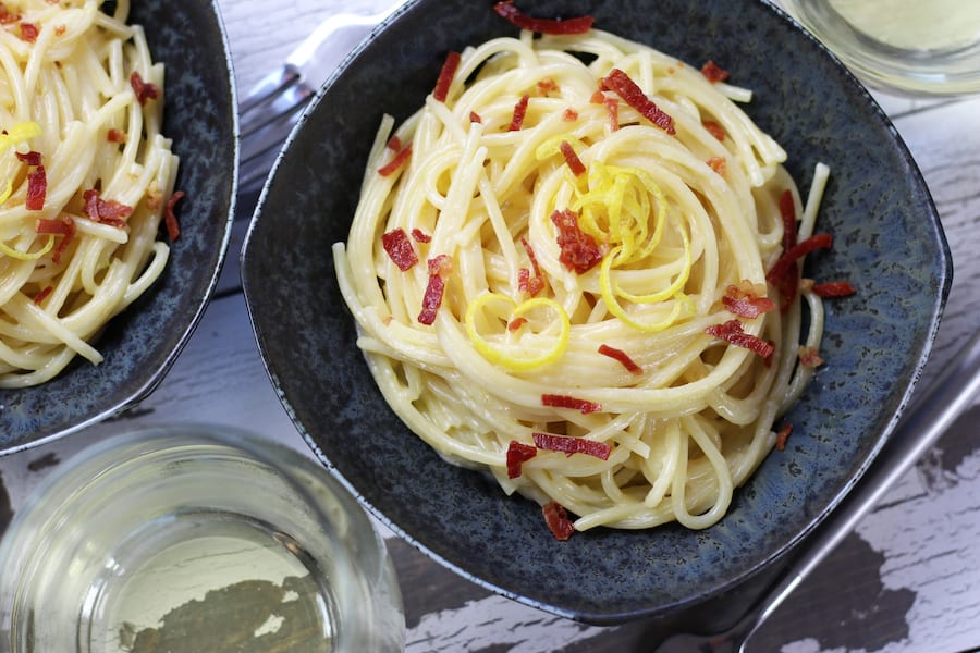 Table setting of Lemon Garlic Butter Pasta.