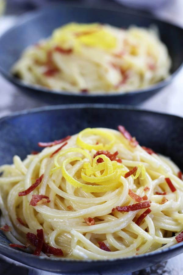 Up close picture of Lemon Pasta with julienned lemon zest.