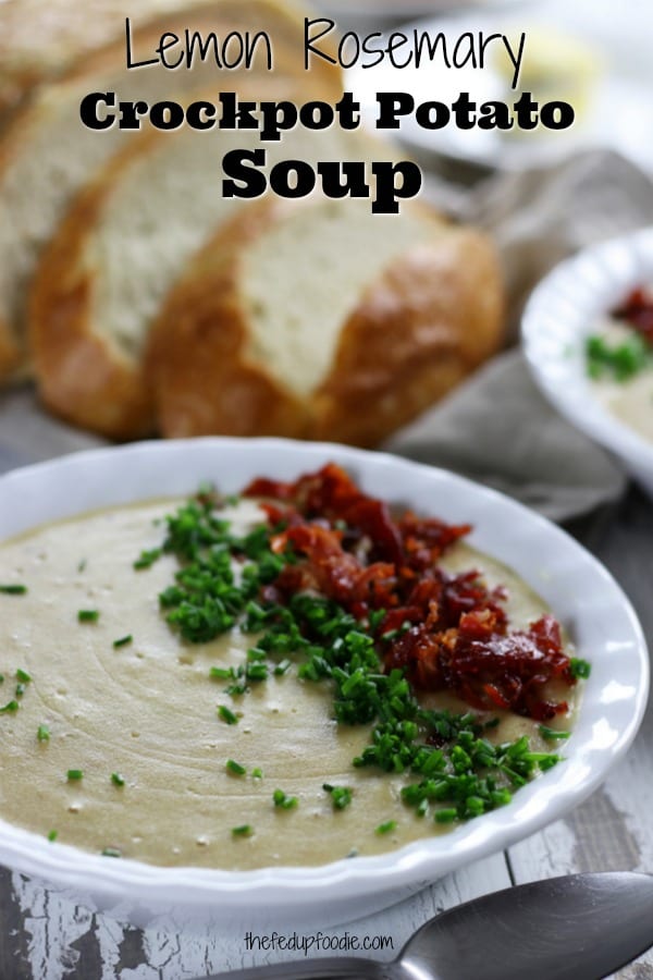 The potato lovers dream come true! Lemon Rosemary Crockpot Potato Soup is ultra creamy with slow cooked red potatoes and the fresh flavors of lemon and rosemary. Topped with crispy prosciutto and chives, this soup is amazing!