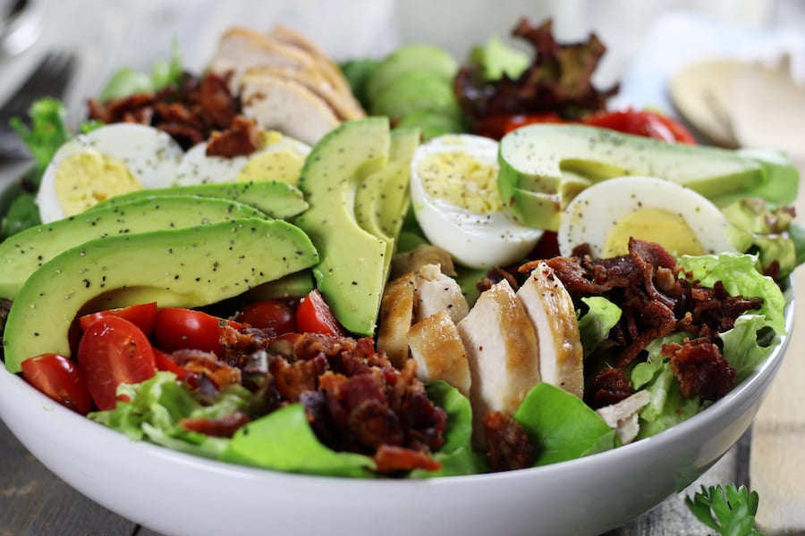 Low Carb Chicken Salad Recipe undressed in a large salad bowl.