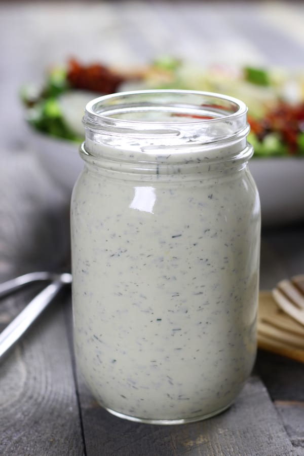 Low Carb Ranch Dressing in a Mason jar.