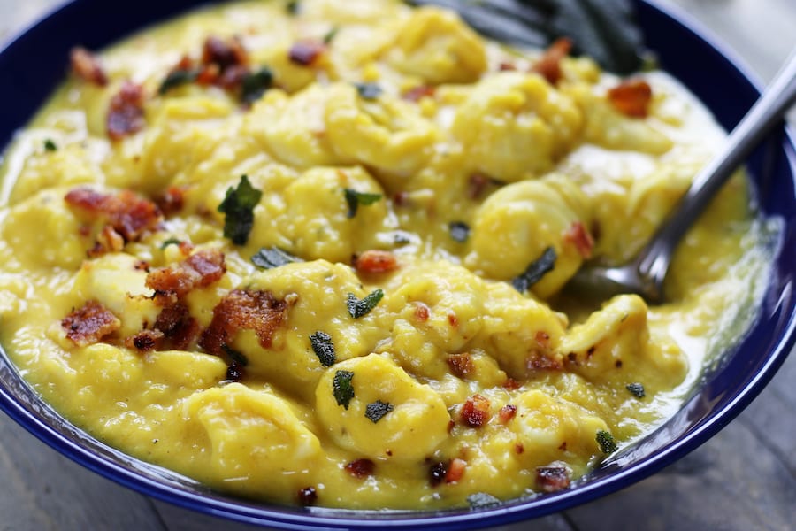 Up-close photo of Slow Cooker Creamy Tortellini Soup.